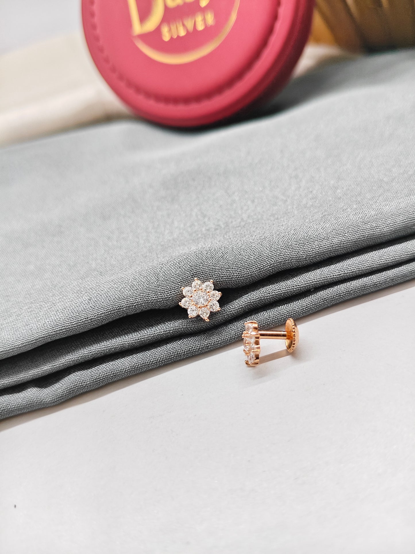 925 Silver Rose Gold Small Flower Design 1 With 8 White Stone Earrings