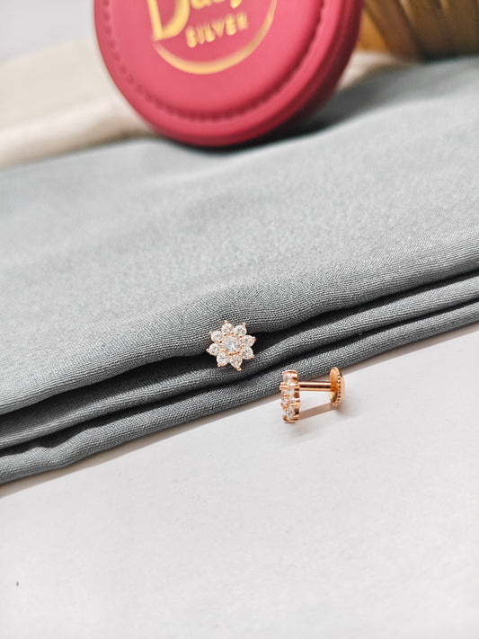 925 Silver Rose Gold Small Flower Design 1 With 8 White Stone Earrings