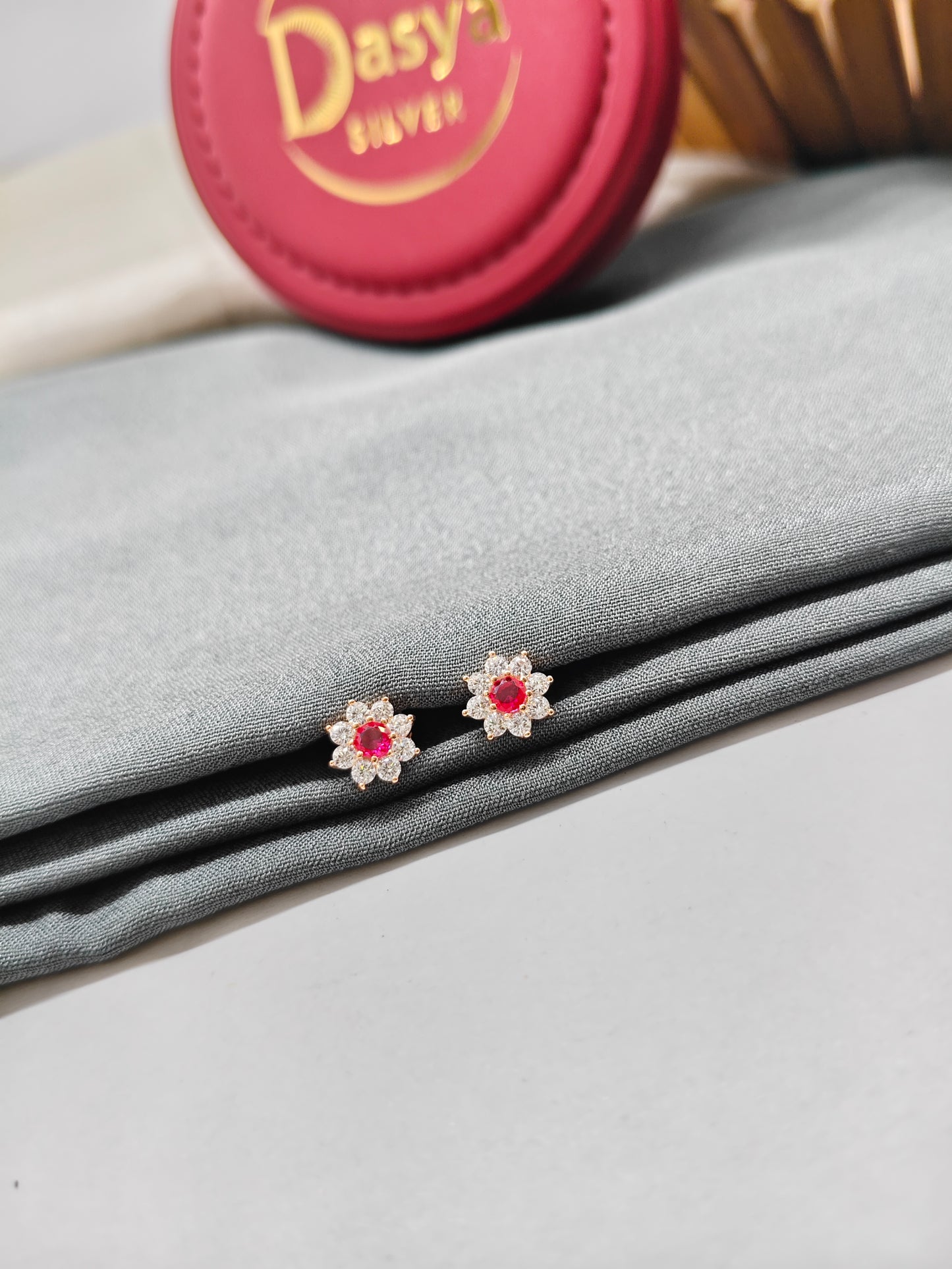 925 Silver Rose Gold Small Flower Design 8 White With 1 Red Stone Earrings