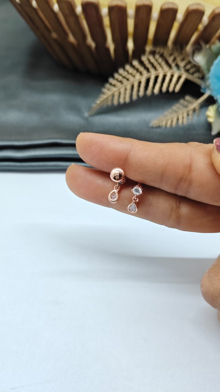 925 Silver Rose Gold Small Single Stone Hanging White Stone Earrings