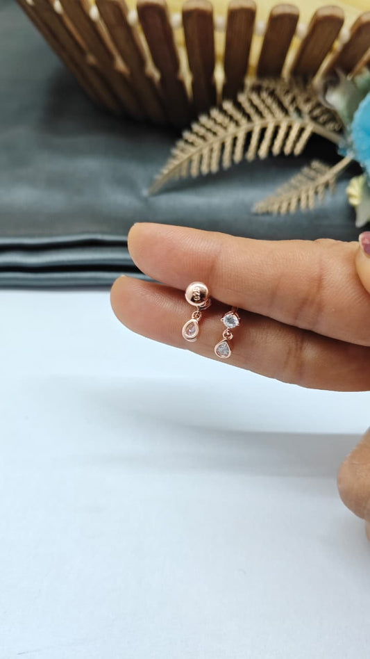925 Silver Rose Gold Small Single Stone Hanging White Stone Earrings