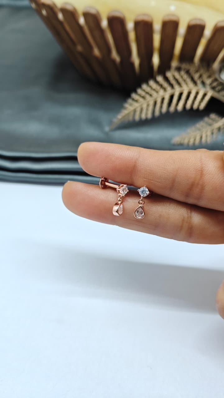 925 Silver Rose Gold Small Single Stone Hanging White Stone Earrings