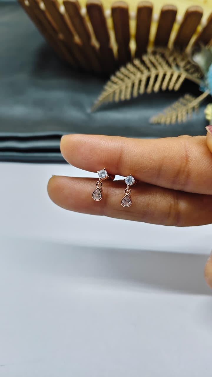 925 Silver Rose Gold Small Single Stone Hanging White Stone Earrings
