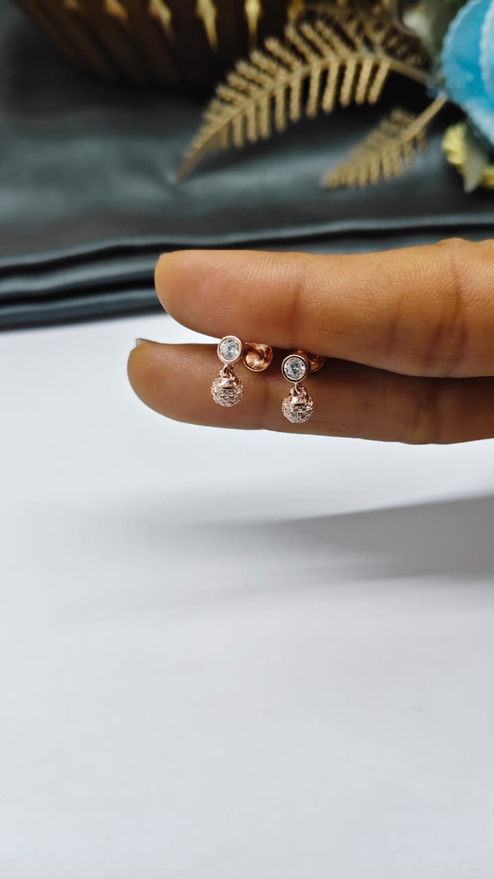 925 Silver Rose Gold Small Single Stone With Ball Design Hanging White Stone Earrings
