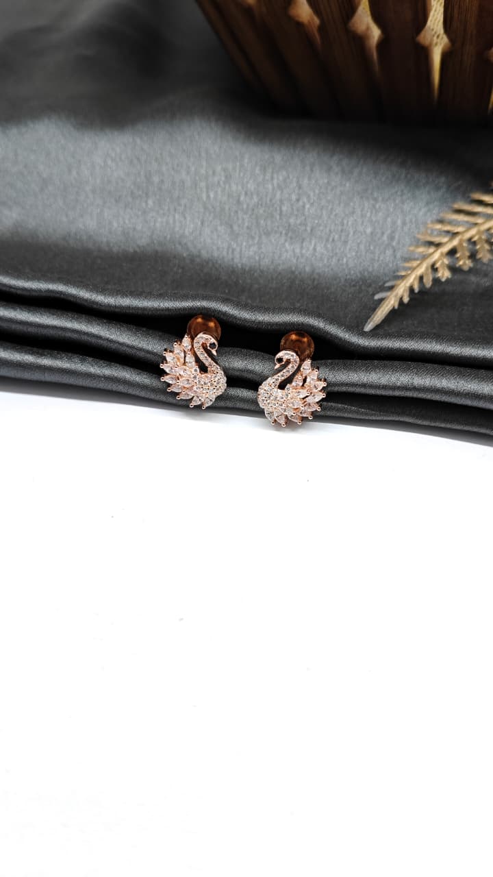 925 Silver Big Rose Gold Swan With Single Black With Multiple White Stone Earrings