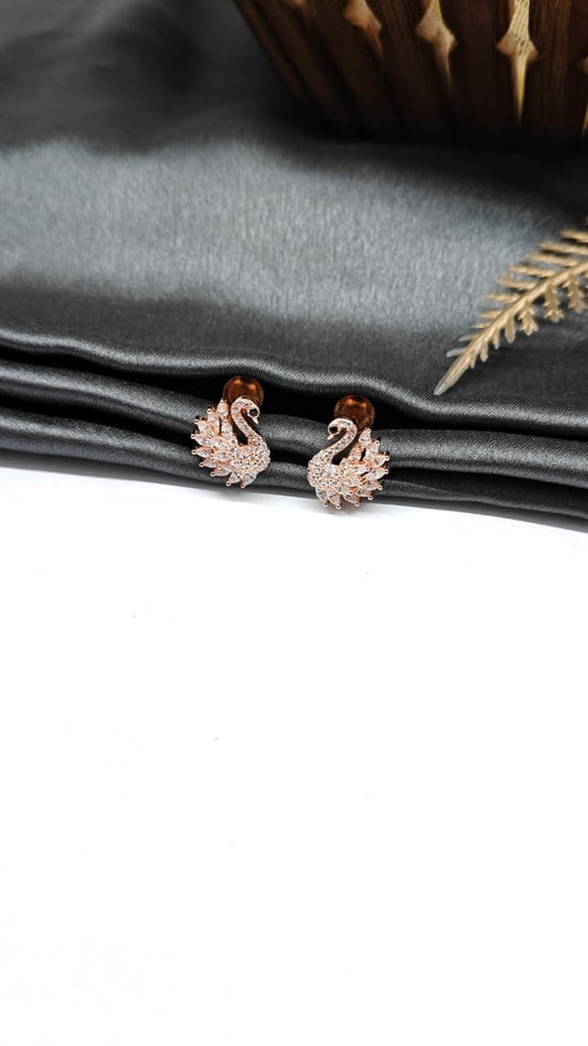 925 Silver Big Rose Gold Swan With Single Black With Multiple White Stone Earrings