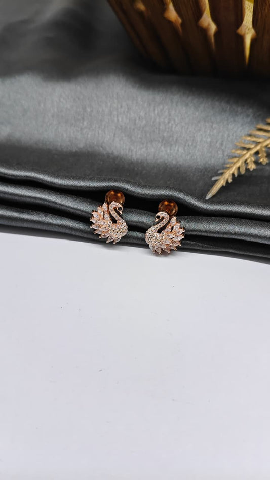 925 Silver Big Rose Gold Swan With Single Black With Multiple White Stone Earrings