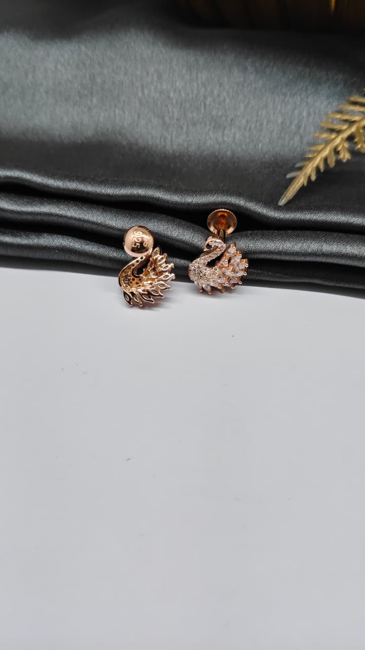 925 Silver Big Rose Gold Swan With Single Black With Multiple White Stone Earrings