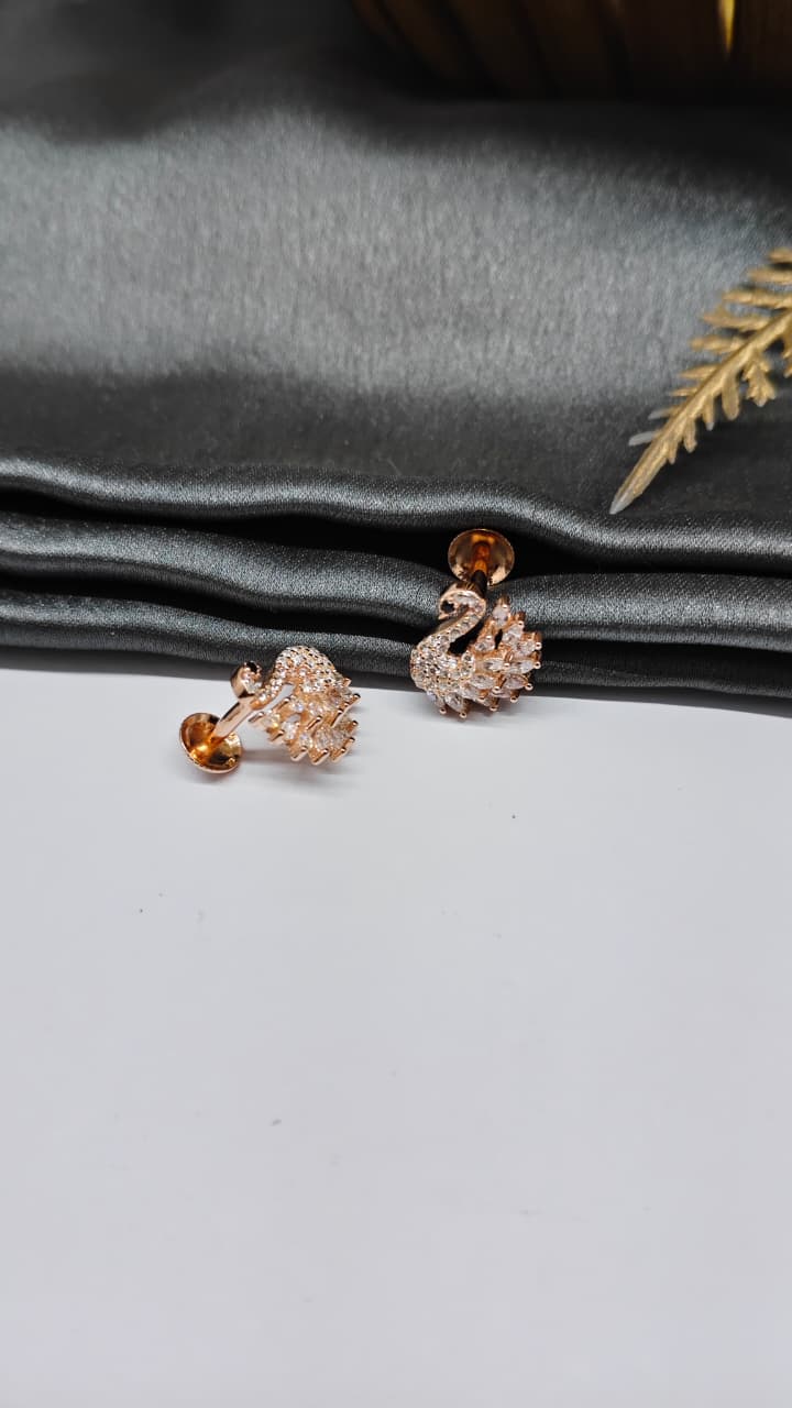 925 Silver Big Rose Gold Swan With Single Black With Multiple White Stone Earrings