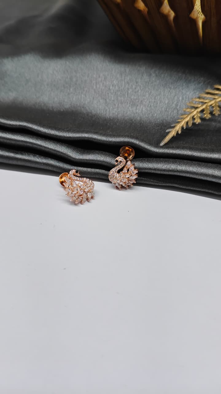 925 Silver Big Rose Gold Swan With Single Black With Multiple White Stone Earrings
