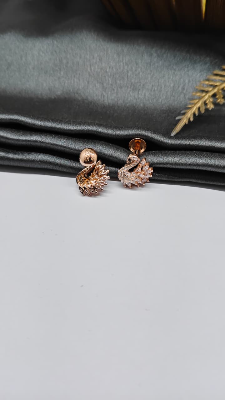 925 Silver Big Rose Gold Swan With Single Black With Multiple White Stone Earrings