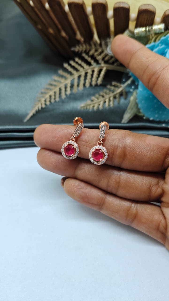 925 Silver Rose Gold Red Stone With White Stone Hanging Earrings