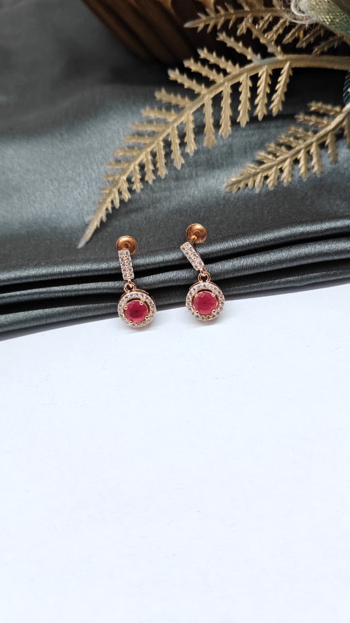 925 Silver Rose Gold Red Stone With White Stone Hanging Earrings
