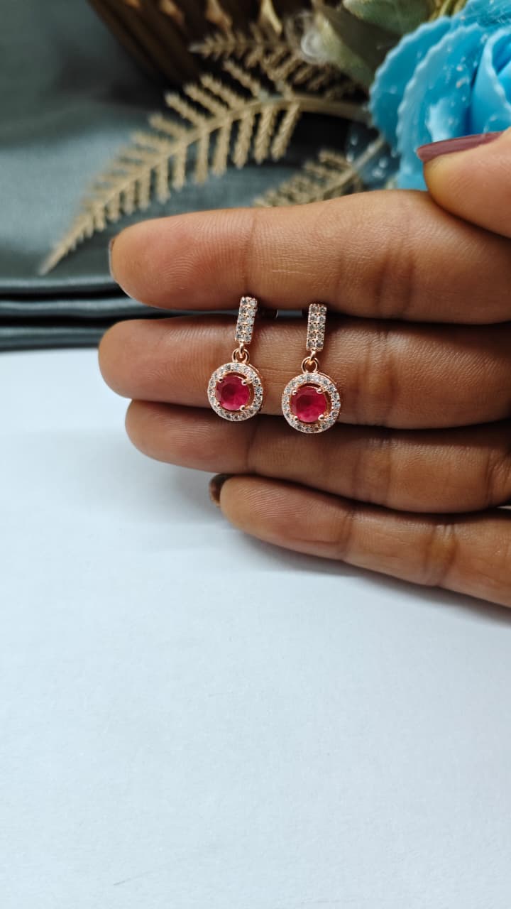 925 Silver Rose Gold Red Stone With White Stone Hanging Earrings