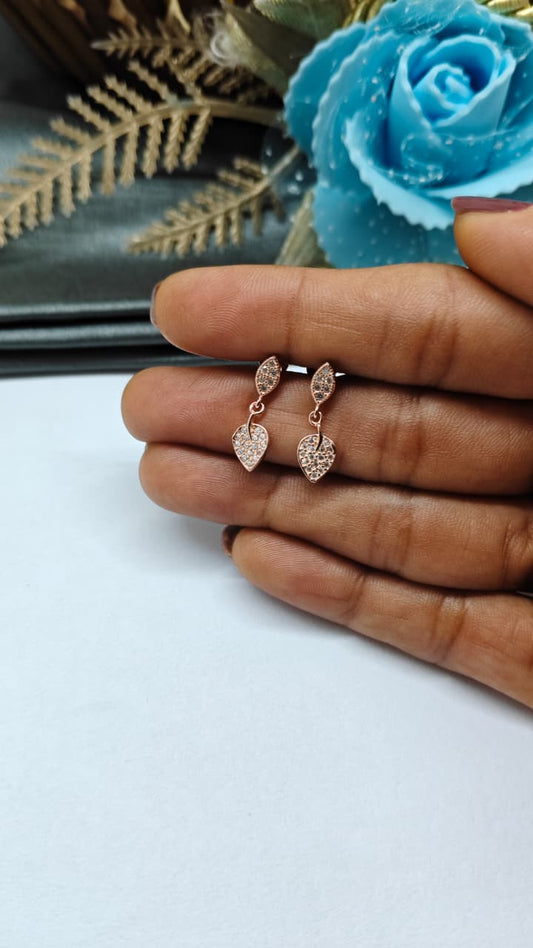925 Silver Rose Gold White Stone With Leaf Hanging Design Earrings