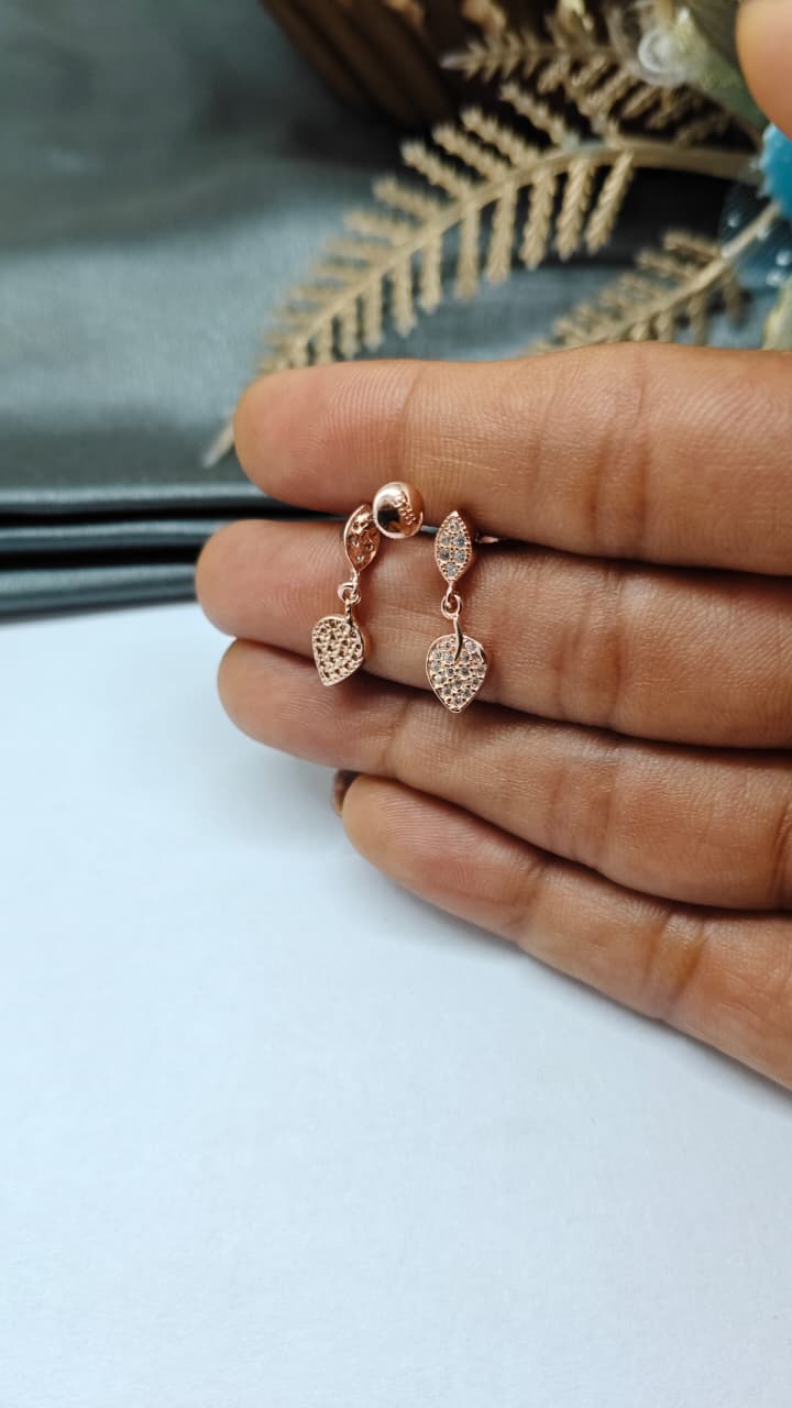 925 Silver Rose Gold White Stone With Leaf Hanging Design Earrings
