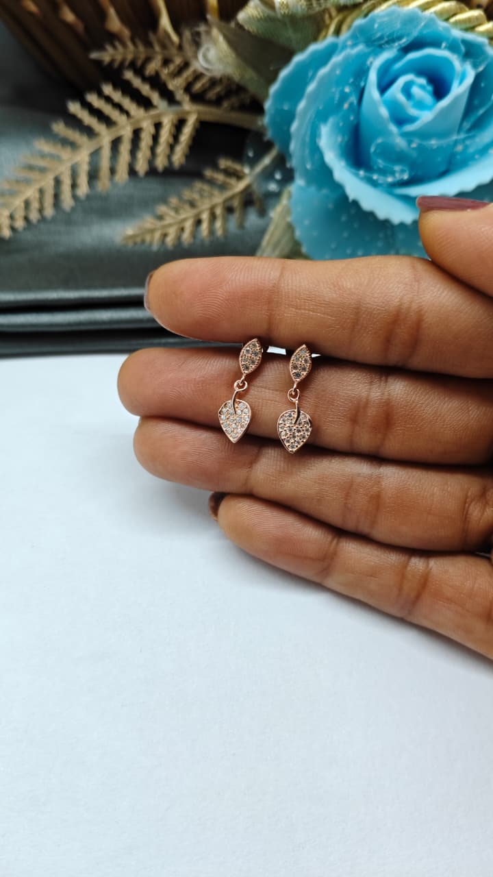 925 Silver Rose Gold White Stone With Leaf Hanging Design Earrings