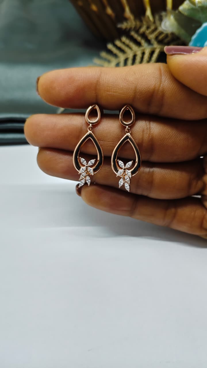925 Silver Rose Gold White Stone Big Hanging Leaf Design Earrings
