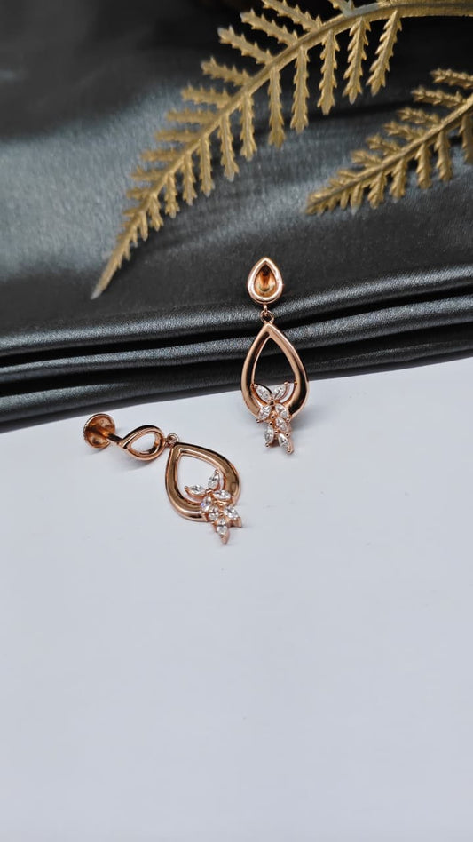 925 Silver Rose Gold White Stone Big Hanging Leaf Design Earrings