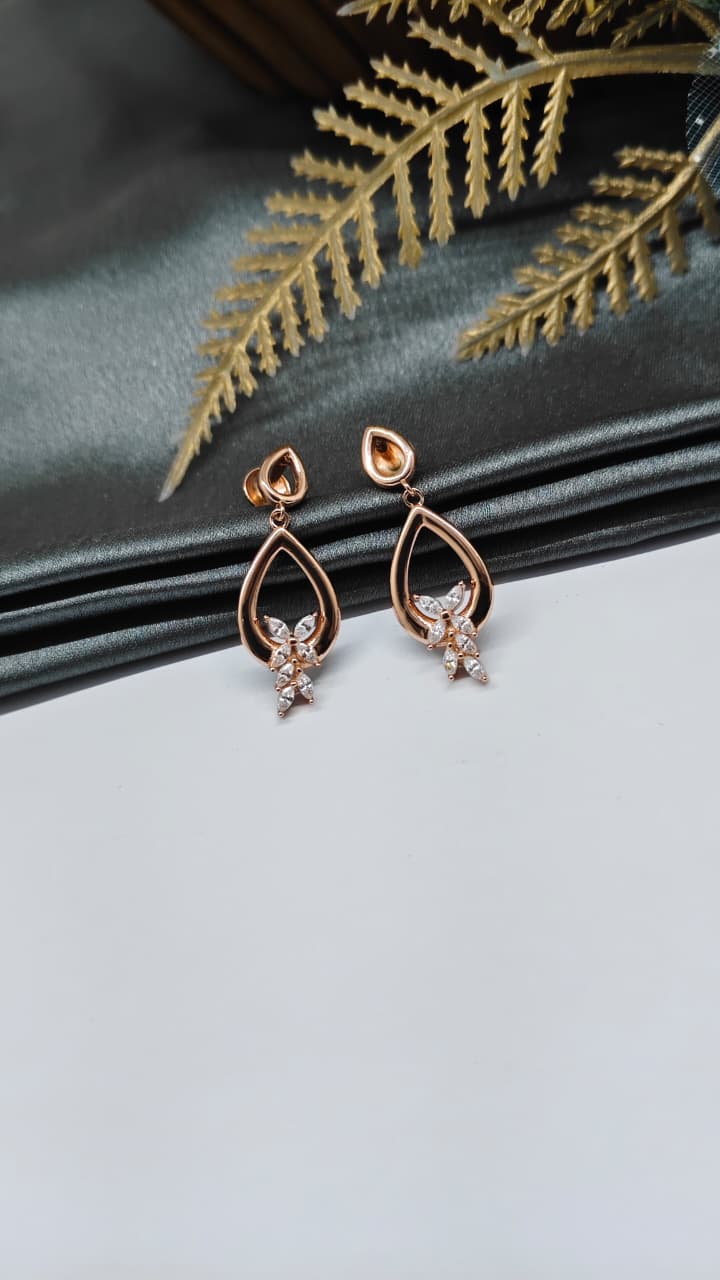 925 Silver Rose Gold White Stone Big Hanging Leaf Design Earrings