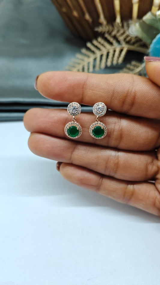 925 Silver Rose Gold Green With White Stone Hanging Earrings