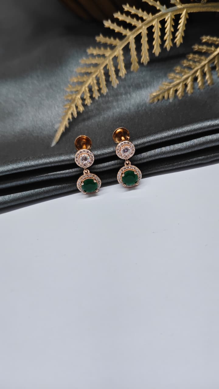 925 Silver Rose Gold Green With White Stone Hanging Earrings