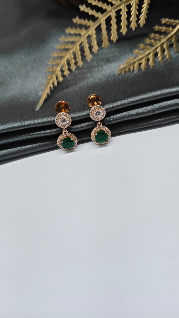 925 Silver Rose Gold Green With White Stone Hanging Earrings