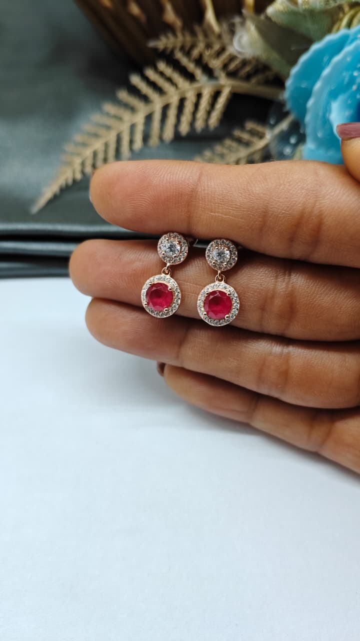 925 Silver Rose Gold Red With White Stone Hanging Earrings