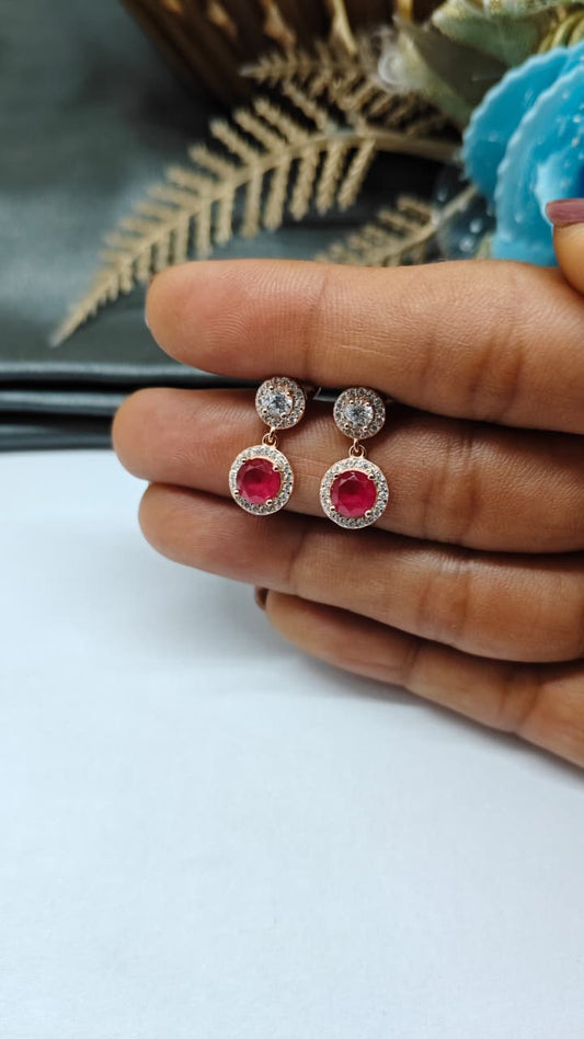 925 Silver Rose Gold Red With White Stone Hanging Earrings