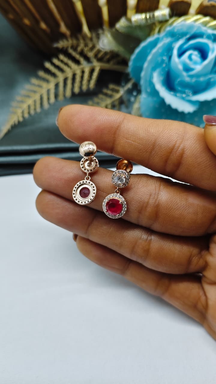 925 Silver Rose Gold Red With White Stone Hanging Earrings