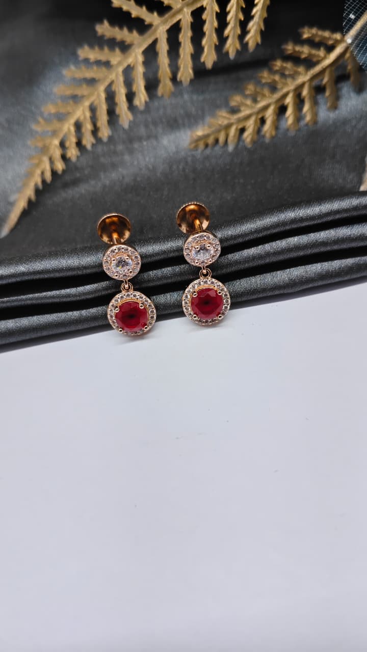 925 Silver Rose Gold Red With White Stone Hanging Earrings