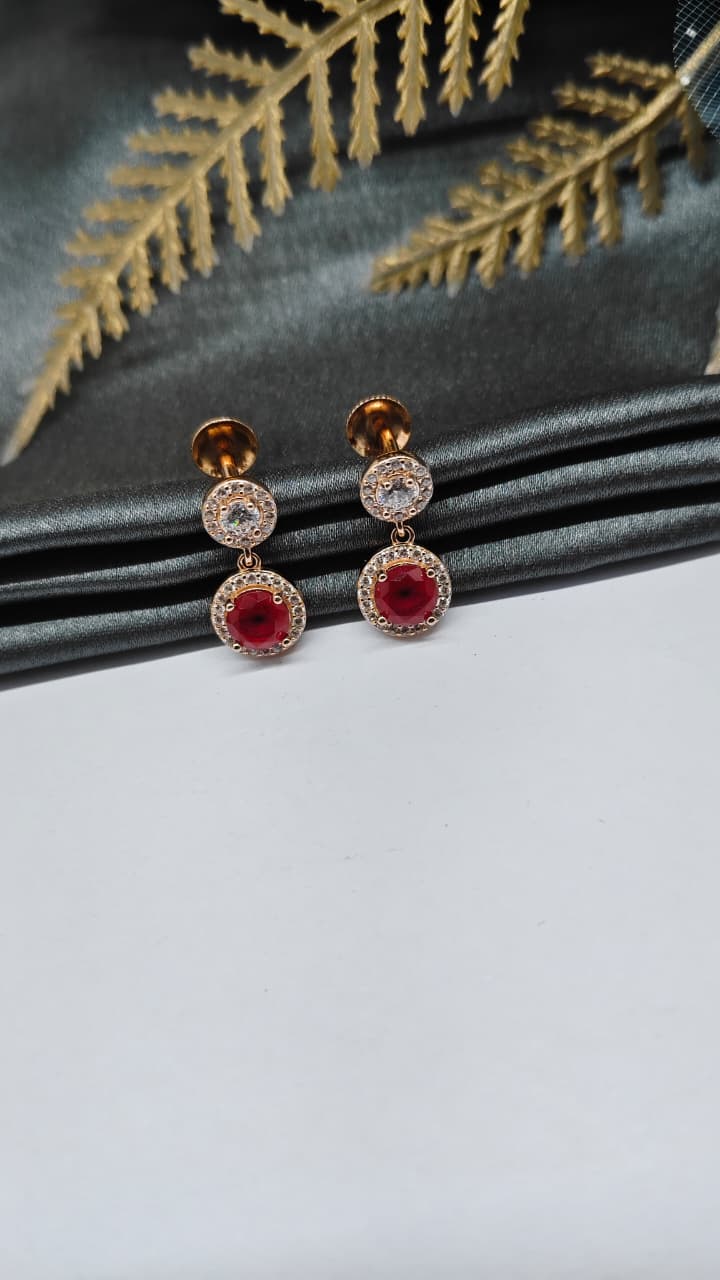 925 Silver Rose Gold Red With White Stone Hanging Earrings