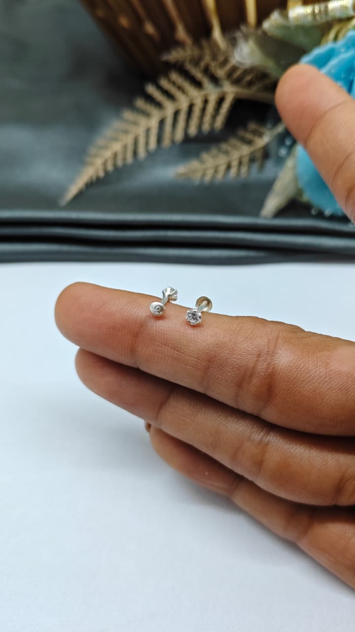 925 Silver Regular Silver Colour Medium Single White Stone Side Stud/ Nose Pin in Pair