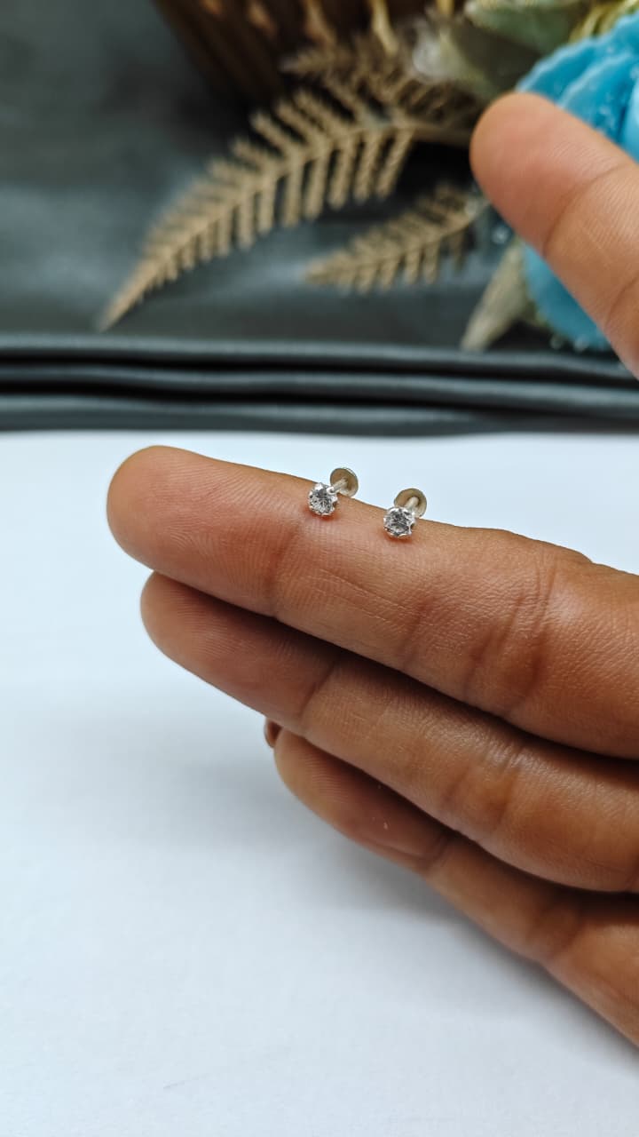 925 Silver Regular Silver Colour Medium Single White Stone Side Stud/ Nose Pin in Pair