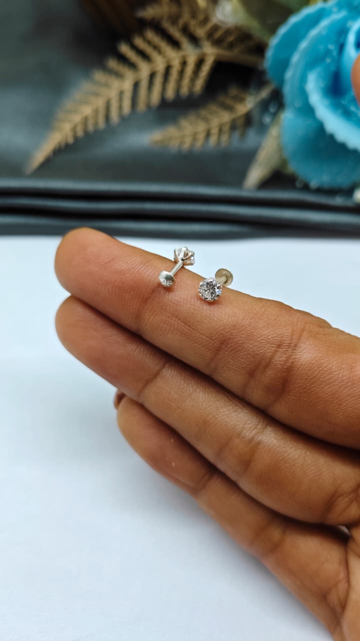 925 Silver Regular Silver Colour Big Single White Stone Side Stud/ Nose Pin in Pair