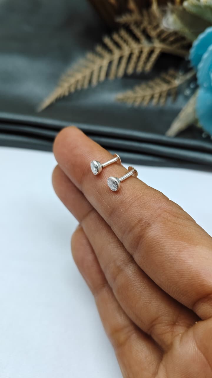 925 Silver Regular Silver Colour Large Single White Stone Side Stud/ Nose Pin in Pair