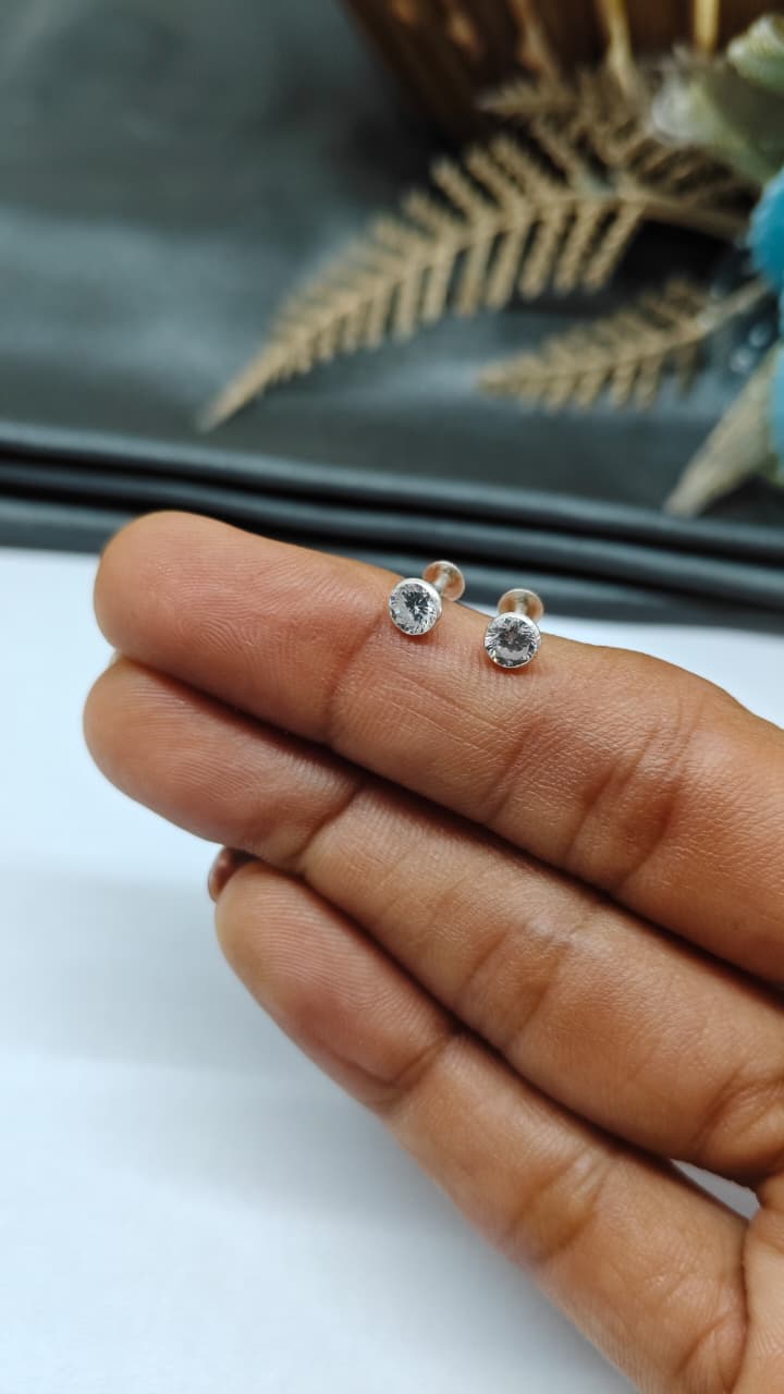 925 Silver Regular Silver Colour Large Single White Stone Side Stud/ Nose Pin in Pair