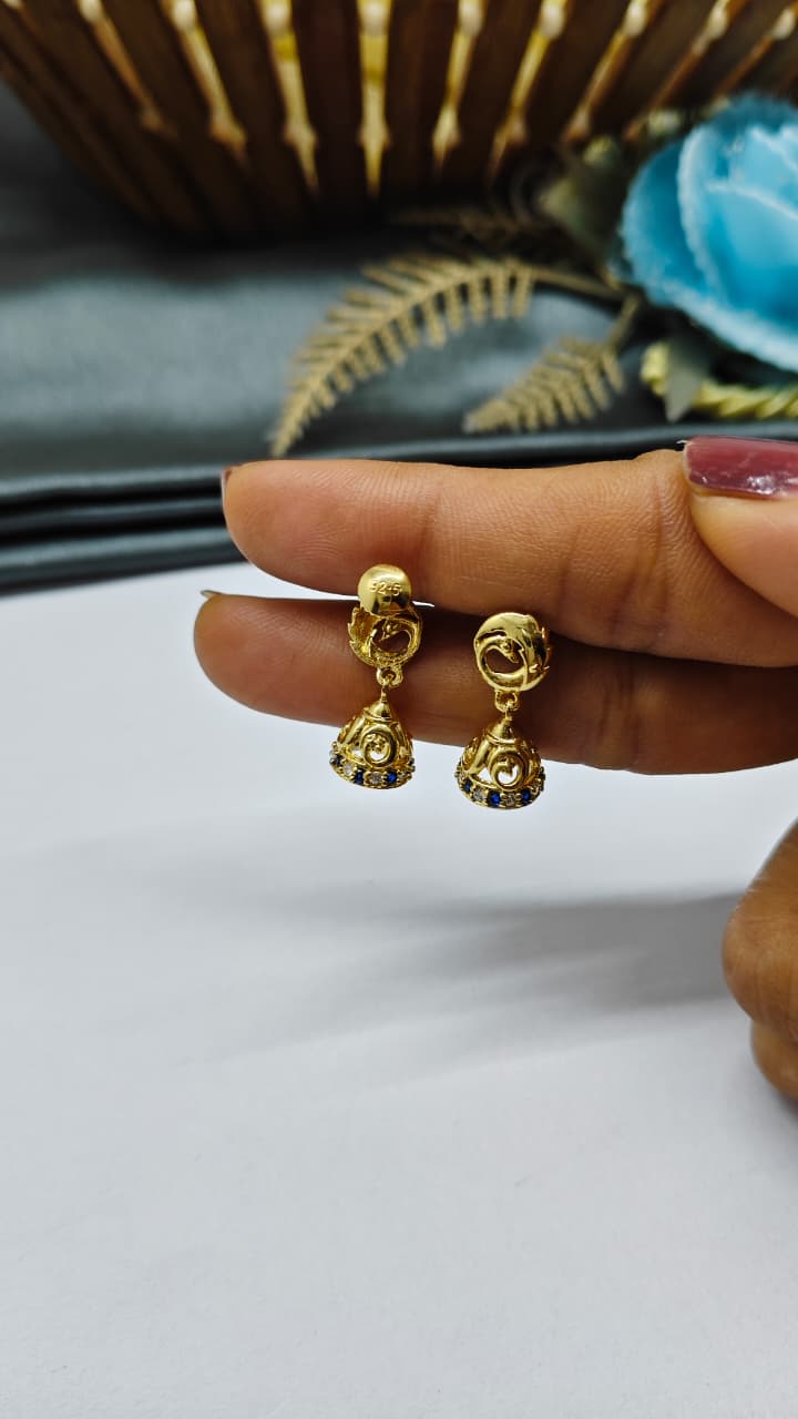925 Silver Gold Colour White Stone With Jumkha Design Hanging Earrings