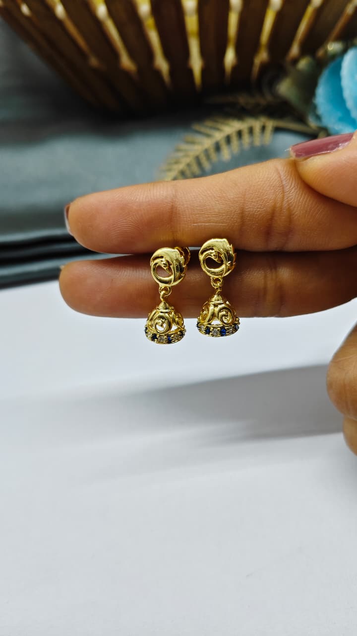 925 Silver Gold Colour White Stone With Jumkha Design Hanging Earrings