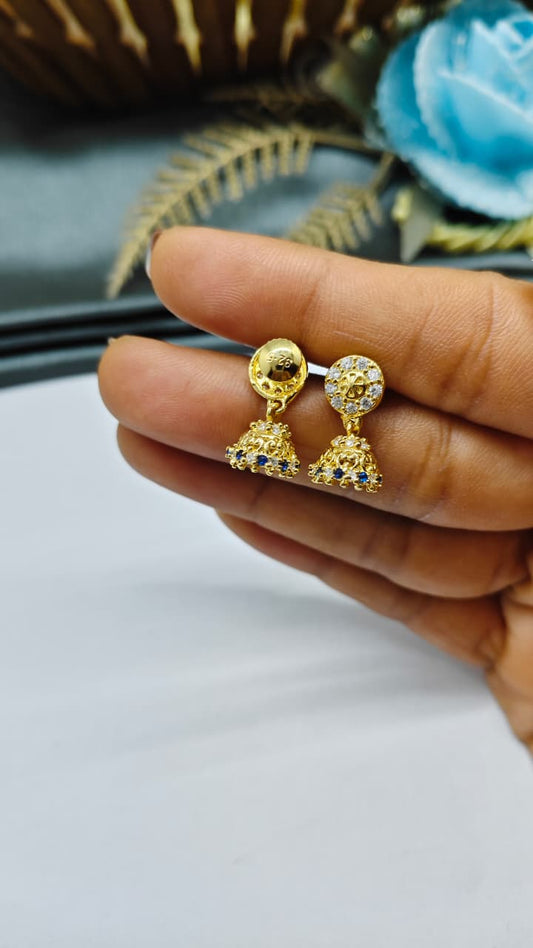 925 Silver Gold Colour White/Blue Stone With Jumkha Design Hanging Earrings