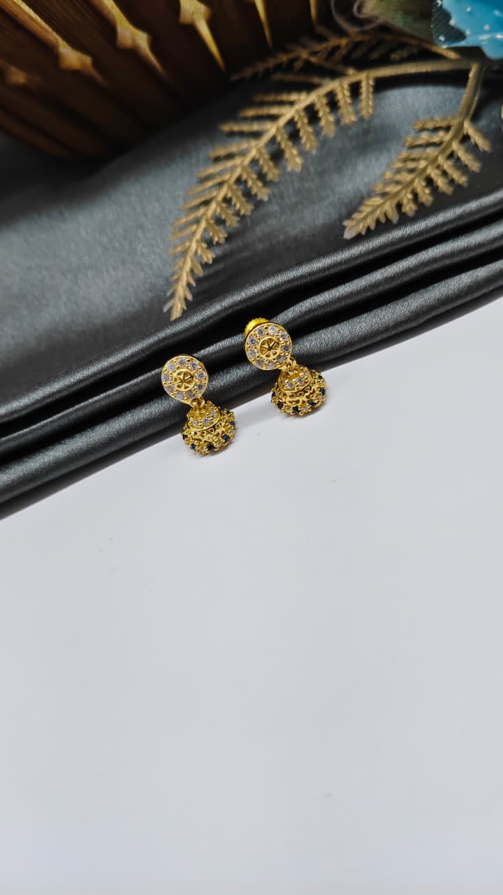 925 Silver Gold Colour White/Blue Stone With Jumkha Design Hanging Earrings
