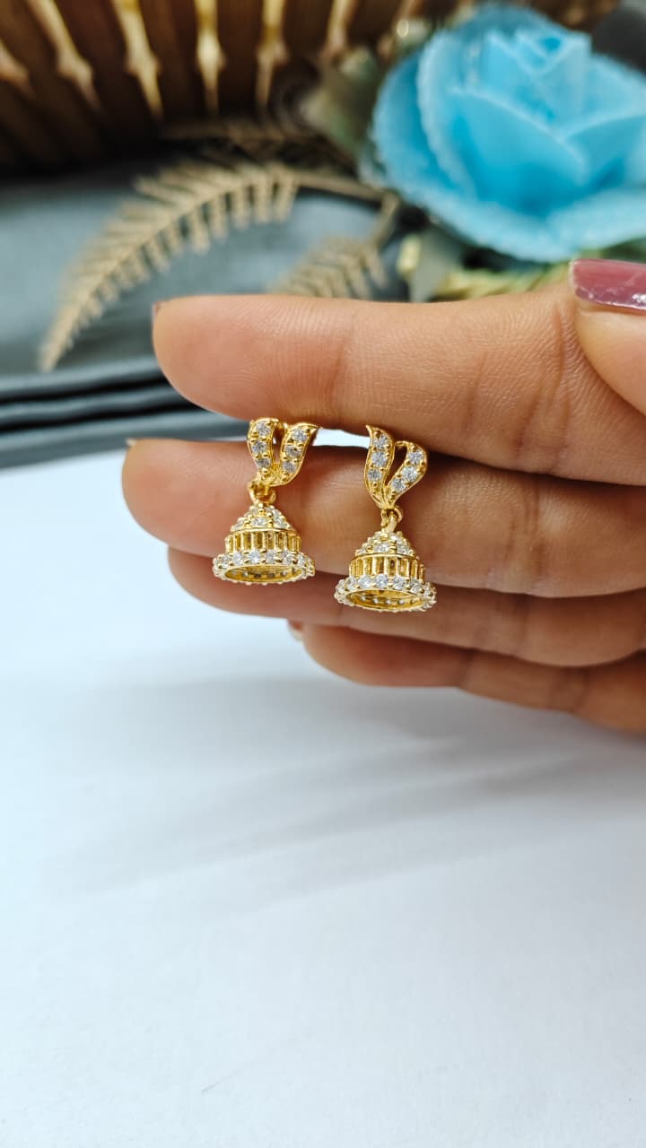 925 Silver Gold Colour White Stone With Jumkha Design Hanging Earrings