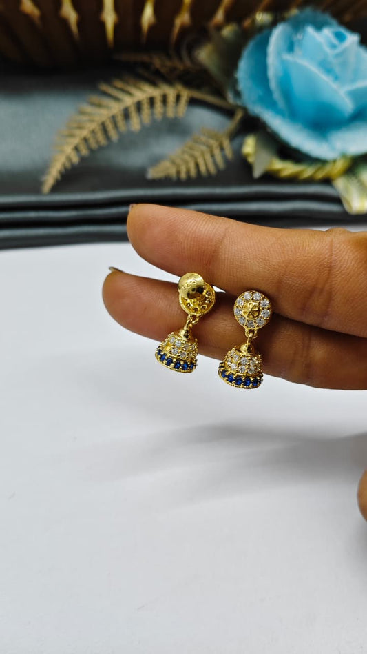 925 Silver Gold Colour White/Blue Stone With Jumkha Design Hanging Earrings