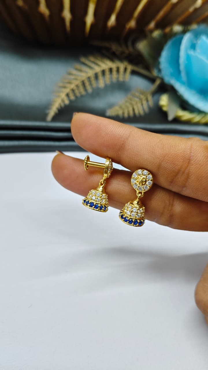 925 Silver Gold Colour White/Blue Stone With Jumkha Design Hanging Earrings