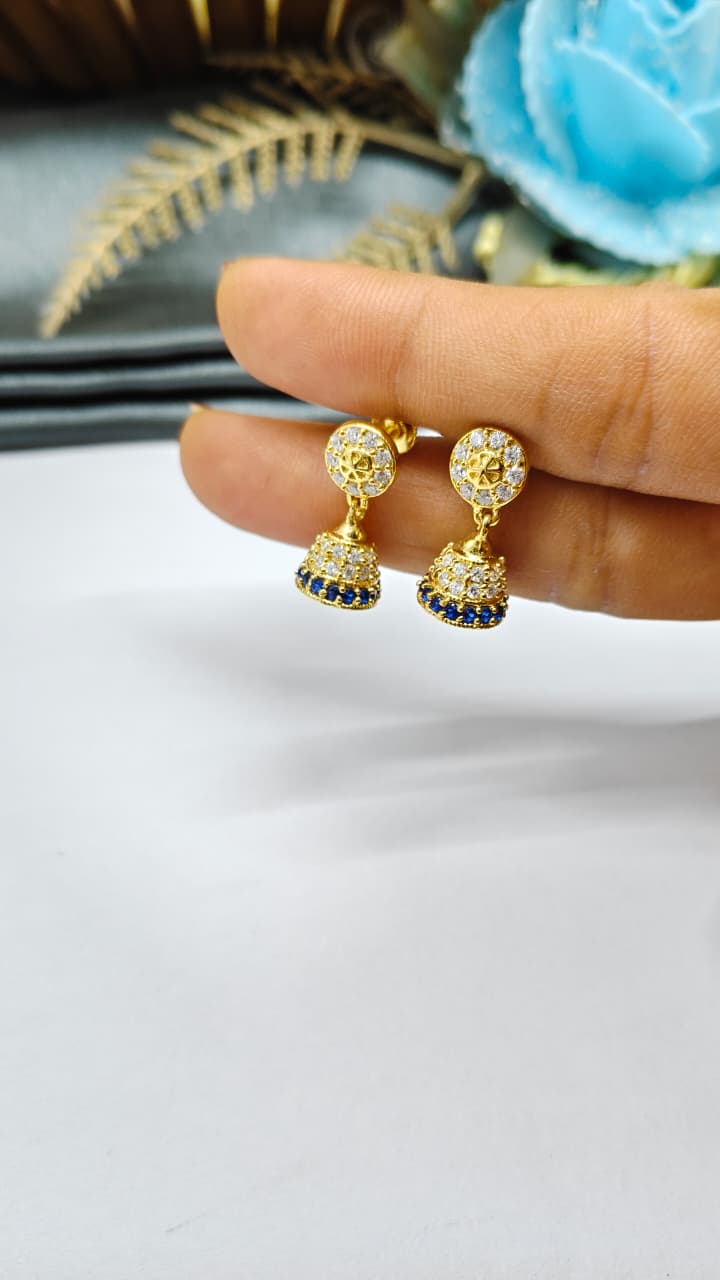 925 Silver Gold Colour White/Blue Stone With Jumkha Design Hanging Earrings