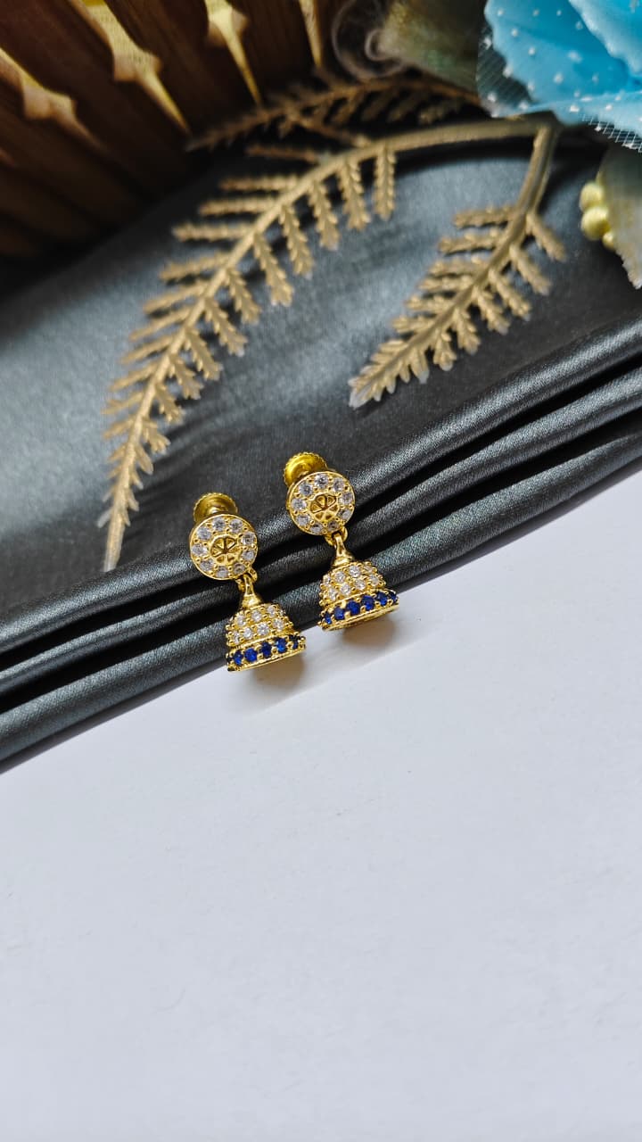 925 Silver Gold Colour White/Blue Stone With Jumkha Design Hanging Earrings