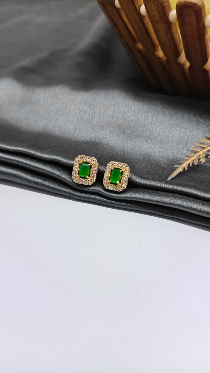 925 Silver Gold Colour 1 Green With Multiple White Stone Design Earrings
