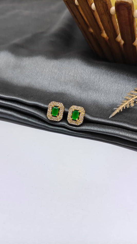 925 Silver Gold Colour 1 Green With Multiple White Stone Design Earrings