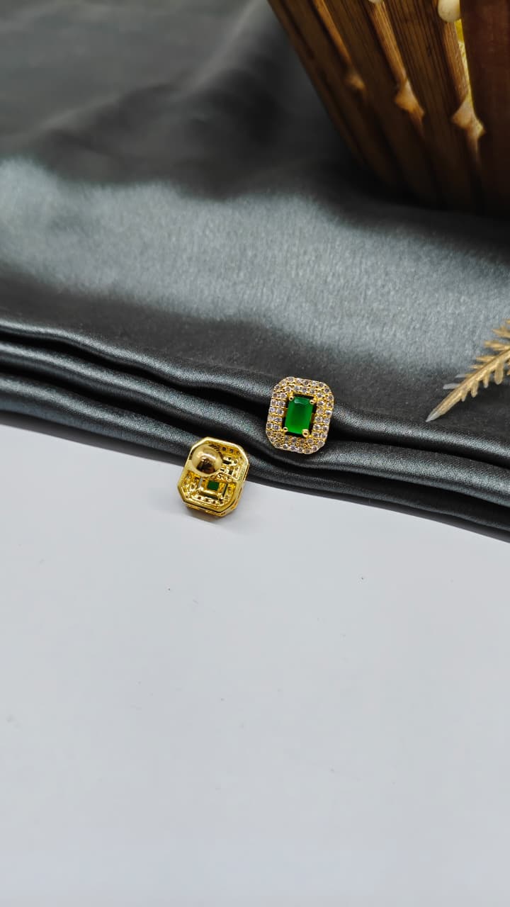925 Silver Gold Colour 1 Green With Multiple White Stone Design Earrings
