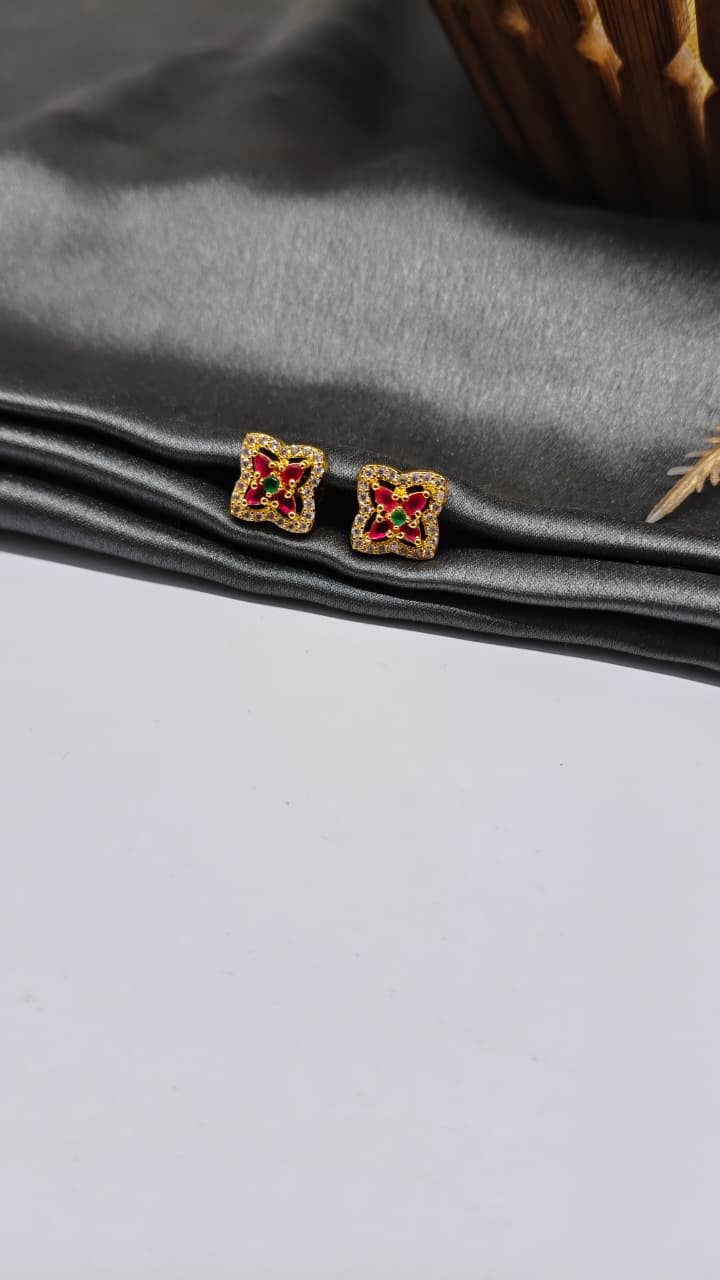 925 Silver Gold Colour Green/Red/White Stone Design Earrings